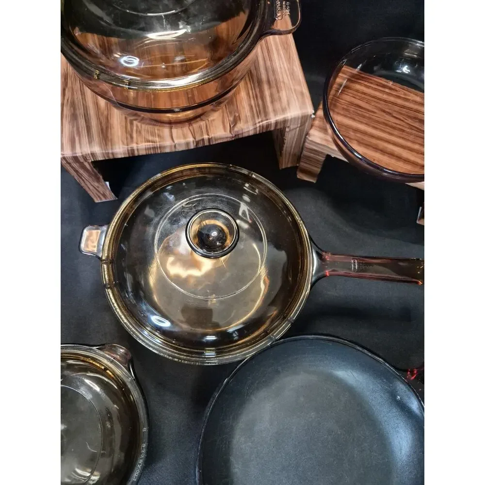 Vintage CorningWare Vision Amber Glass Saucepans & Skillet Cookware 6 +4 Lids